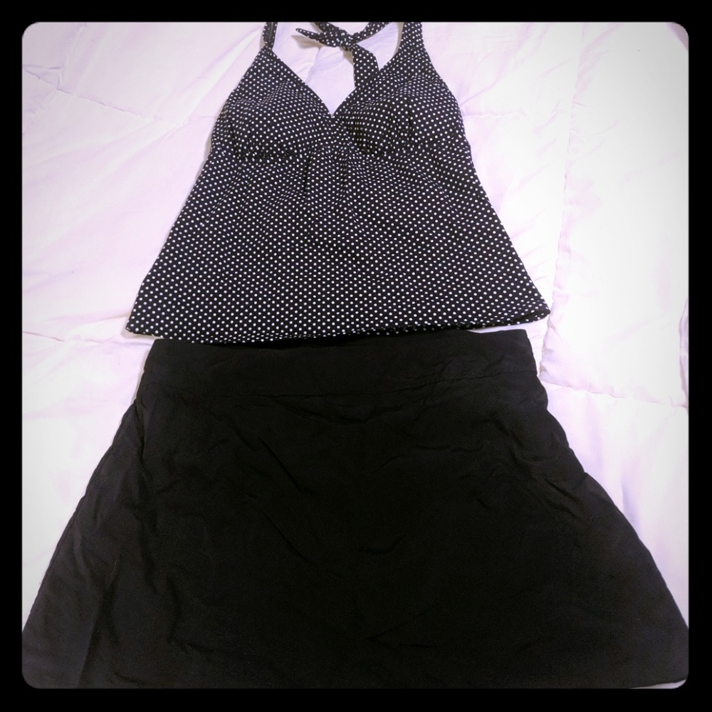 Land's end tankini navy blue polka dot